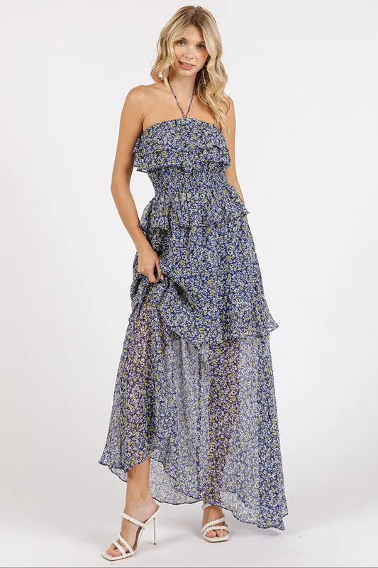 Mittoshop Ruffled Smocked Floral Halter Neck Maxi Dress S-L