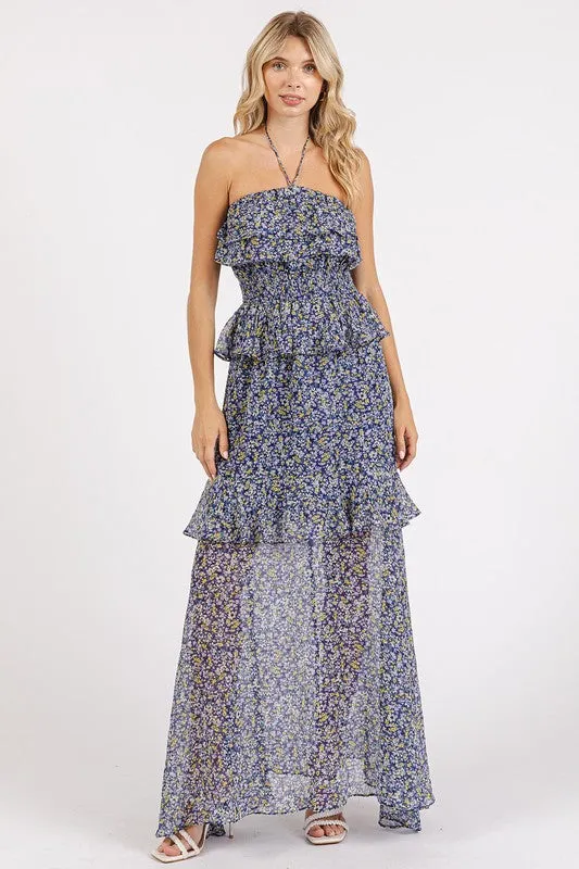 Mittoshop Ruffled Smocked Floral Halter Neck Maxi Dress S-L