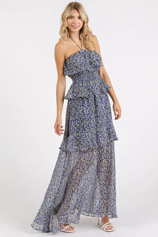 Mittoshop Ruffled Smocked Floral Halter Neck Maxi Dress S-L