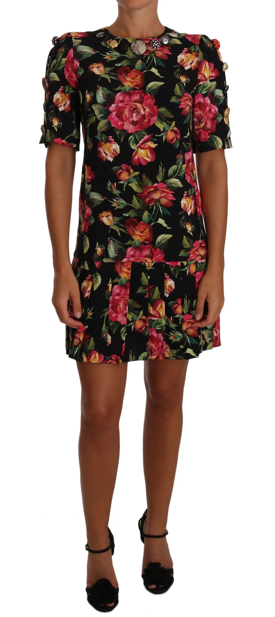 Multicolor Floral Crystal Buttons  Dress