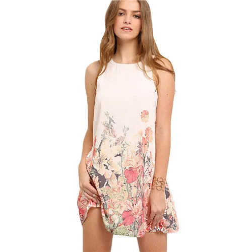 Multicolor Sleeveless Flower Print Dresses Womens Summer Round Neck Cut Out Cute Shift Dress