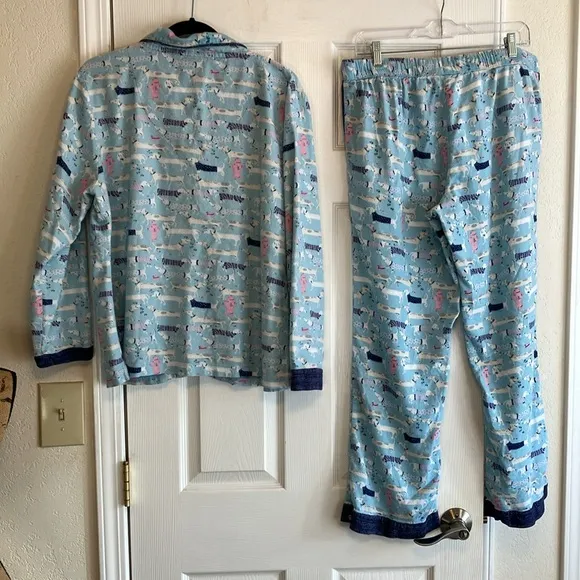 Munki Munki dog Dachshund wiener dog print pajama set light blue flannel L XL