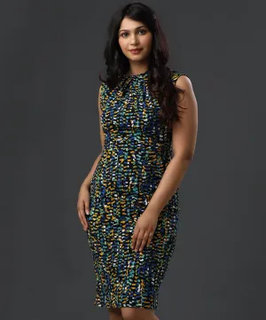 Neck Pleated Printed Shift Formal Dress