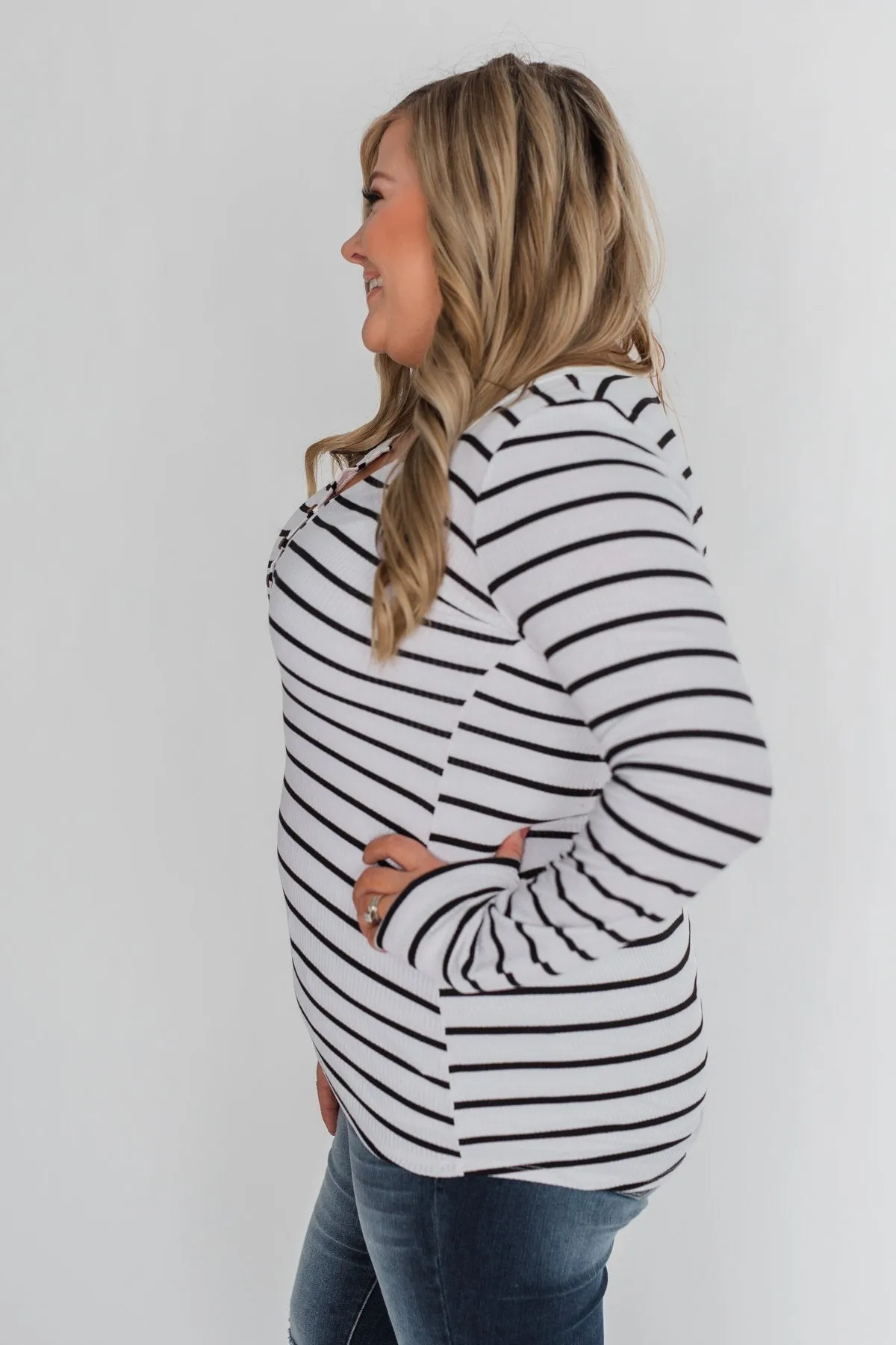 Need You Now 5-Button Henley Top- Black & White Striped