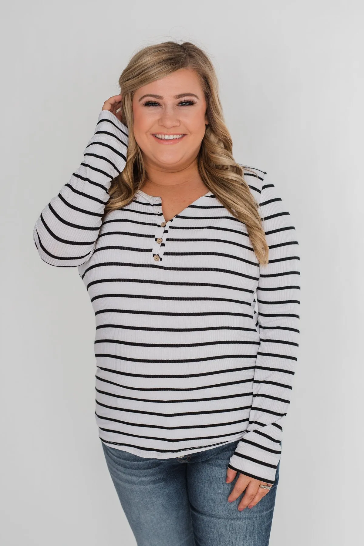 Need You Now 5-Button Henley Top- Black & White Striped