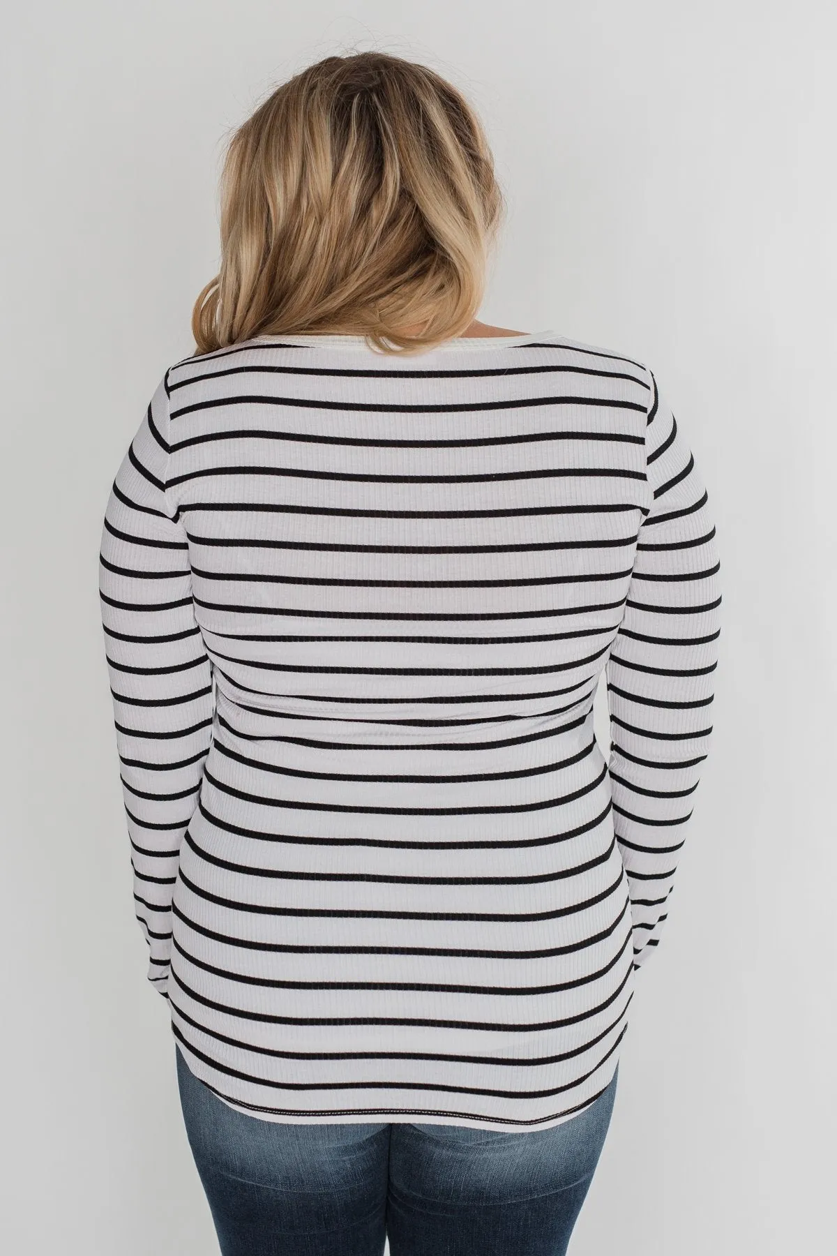 Need You Now 5-Button Henley Top- Black & White Striped