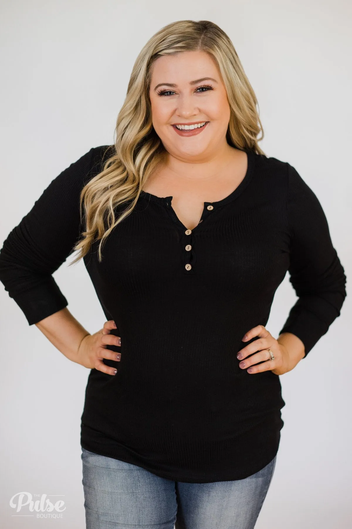Need You Now 5-Button Henley Top- Black