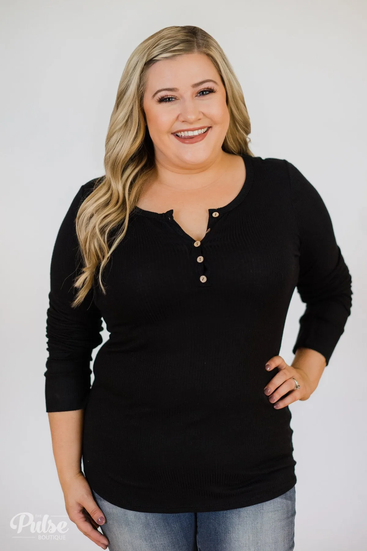 Need You Now 5-Button Henley Top- Black