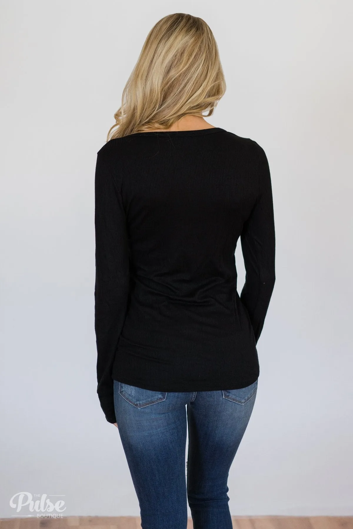 Need You Now 5-Button Henley Top- Black