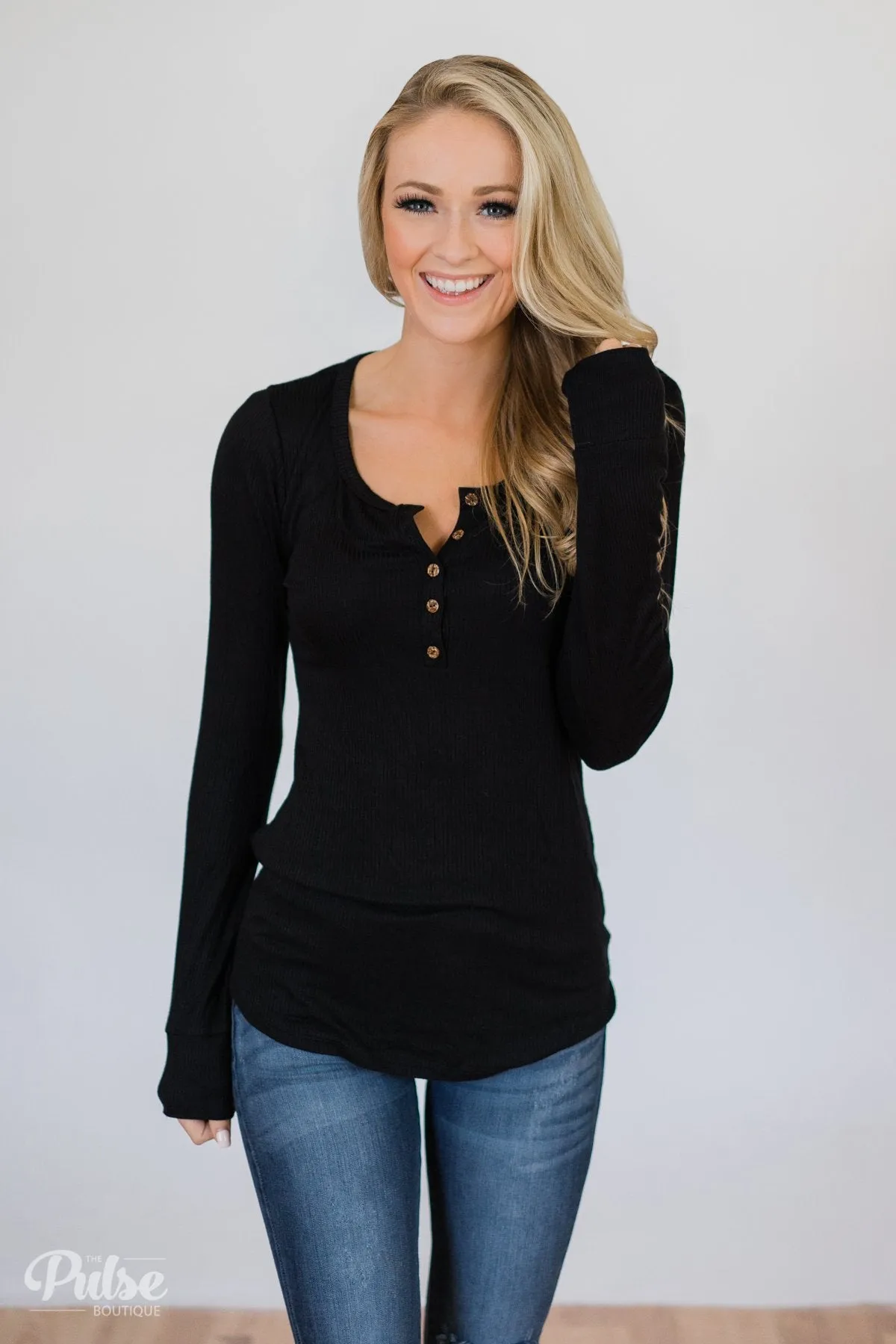 Need You Now 5-Button Henley Top- Black