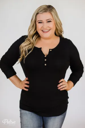 Need You Now 5-Button Henley Top- Black
