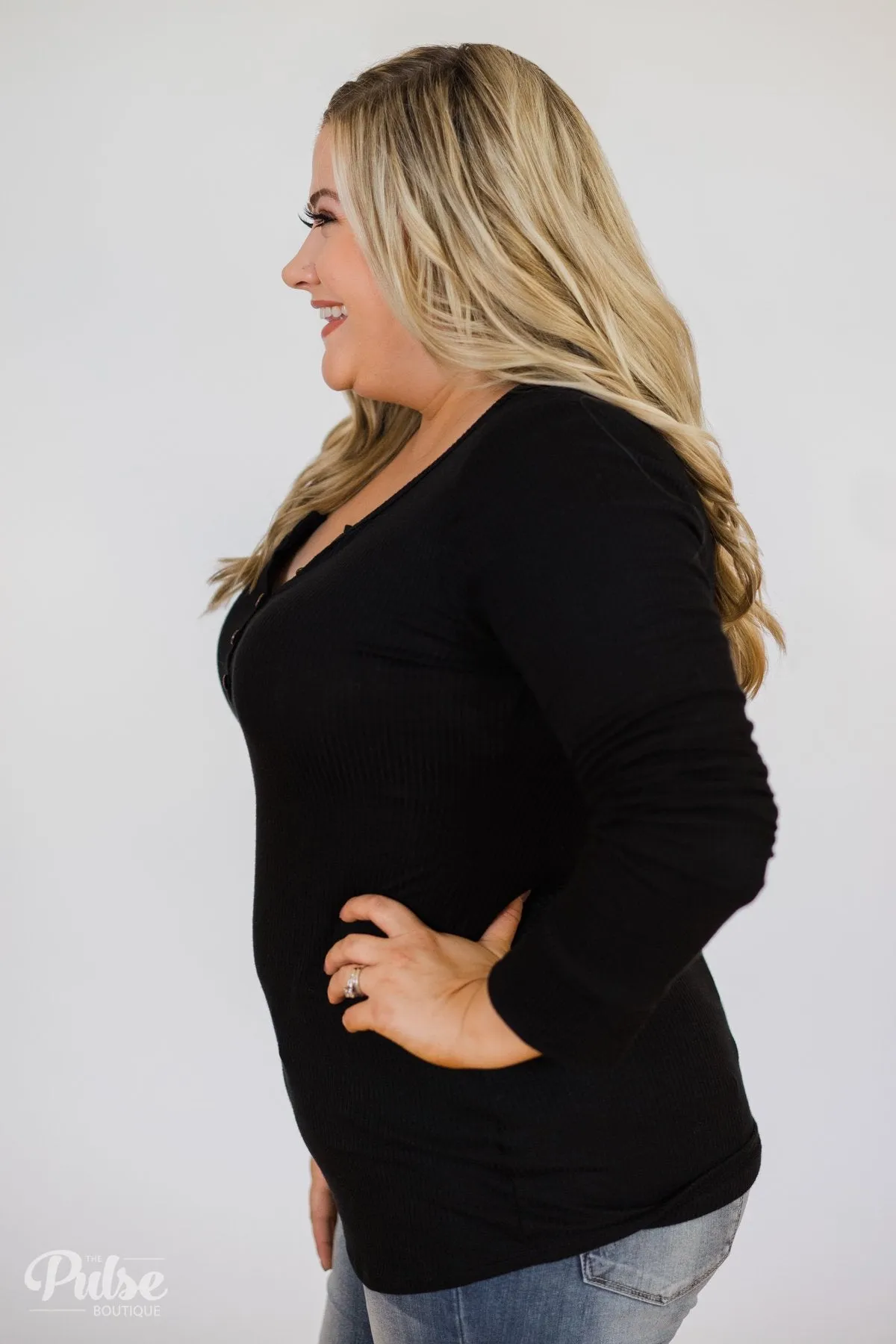 Need You Now 5-Button Henley Top- Black