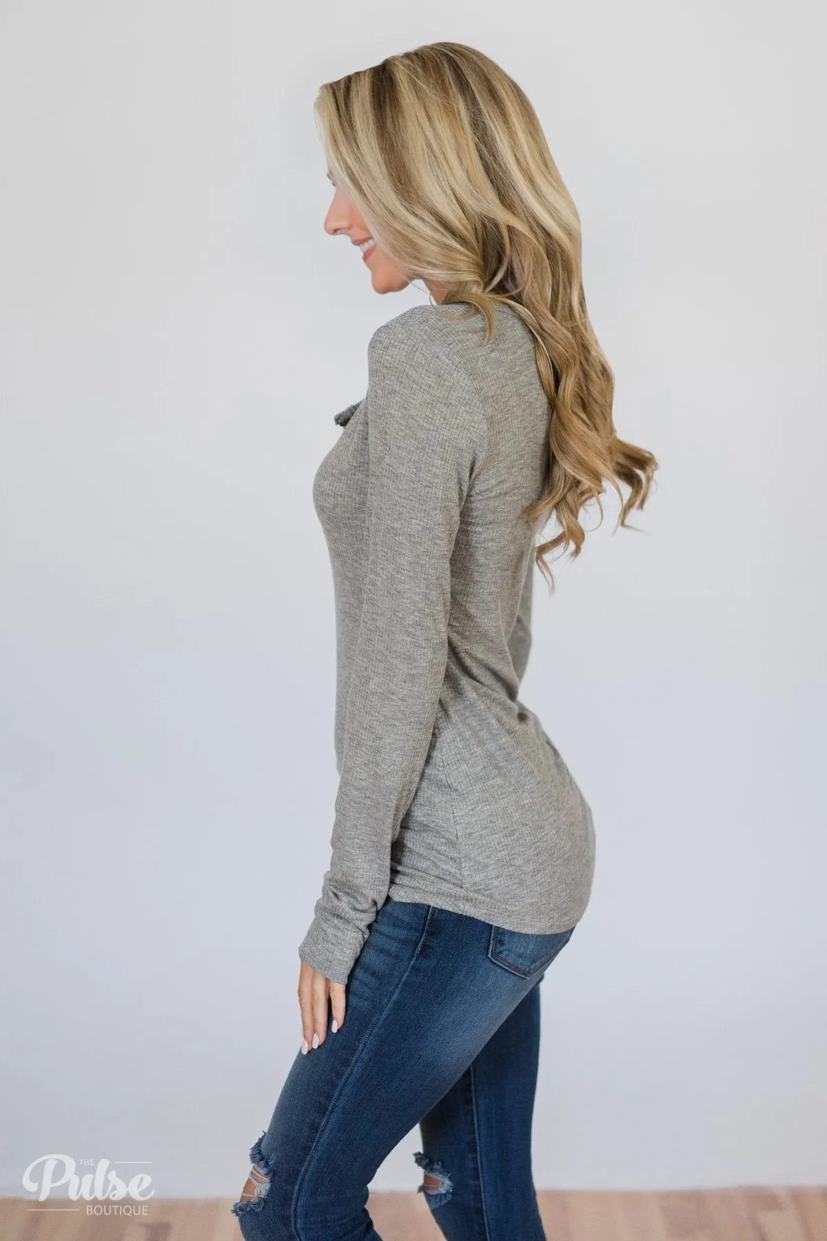 Need You Now 5-Button Henley Top- Heather Grey
