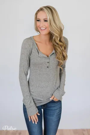 Need You Now 5-Button Henley Top- Heather Grey