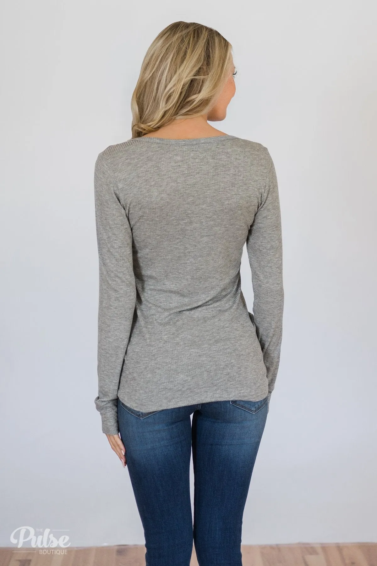 Need You Now 5-Button Henley Top- Heather Grey