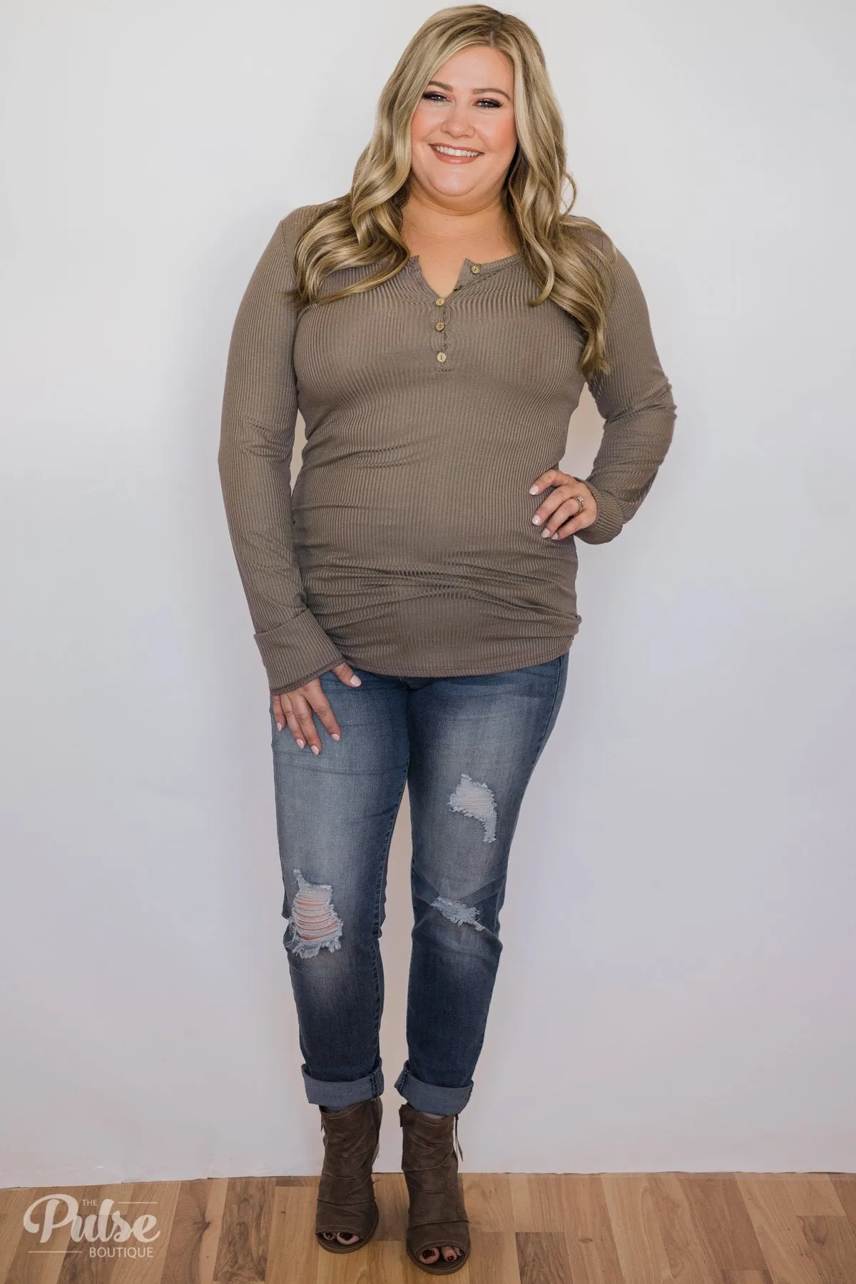Need You Now 5-Button Henley Top- Mocha