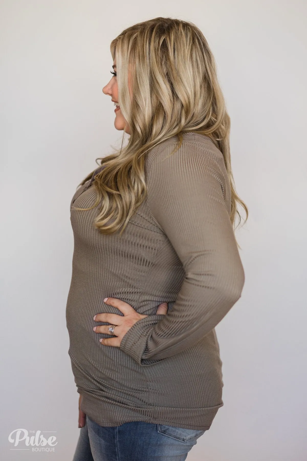 Need You Now 5-Button Henley Top- Mocha