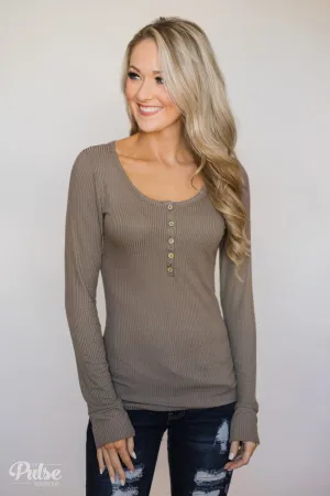 Need You Now 5-Button Henley Top- Mocha