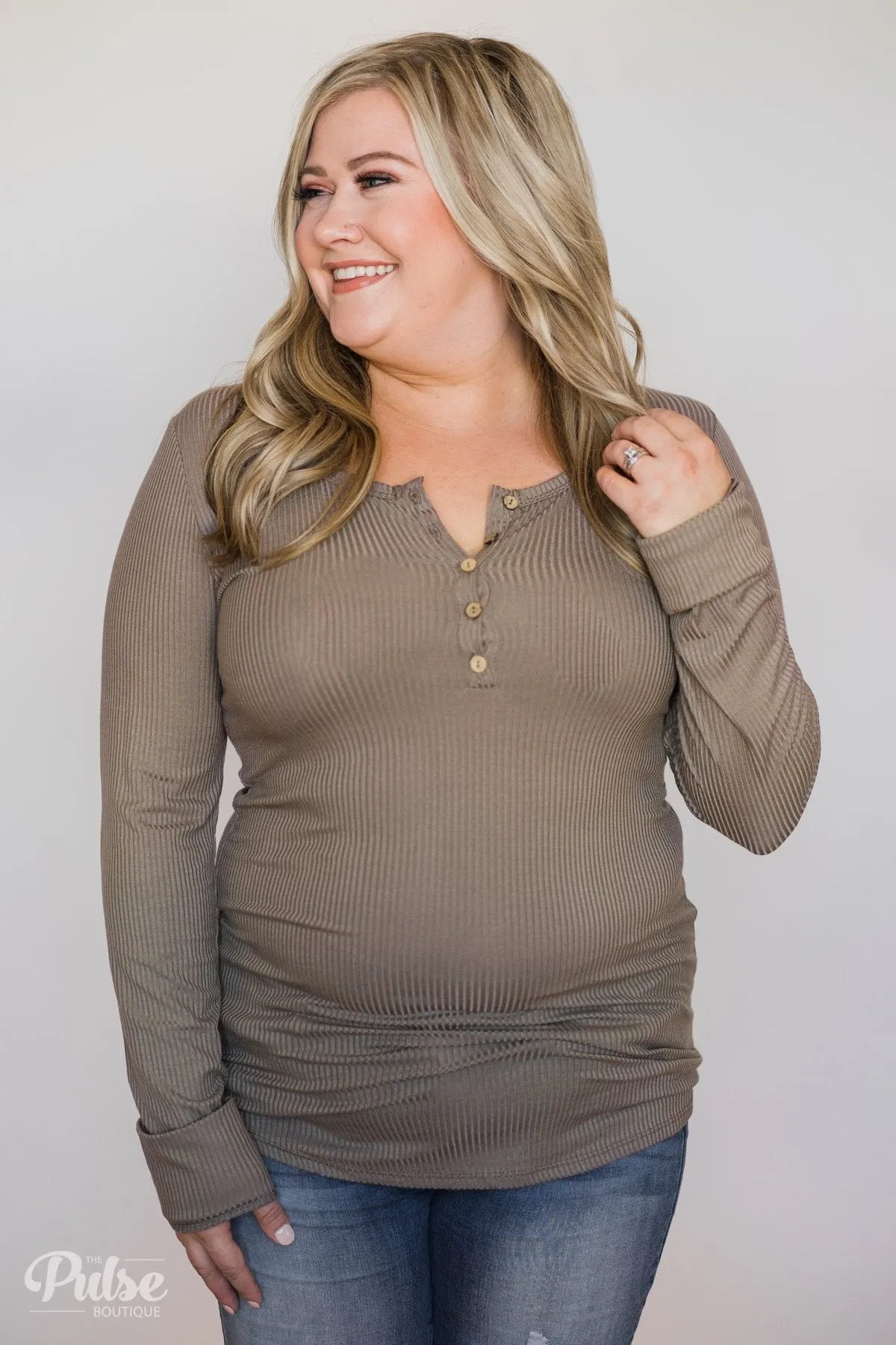 Need You Now 5-Button Henley Top- Mocha