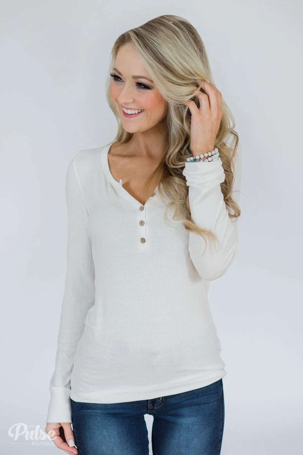 Need You Now 5-Button Henley Top- White
