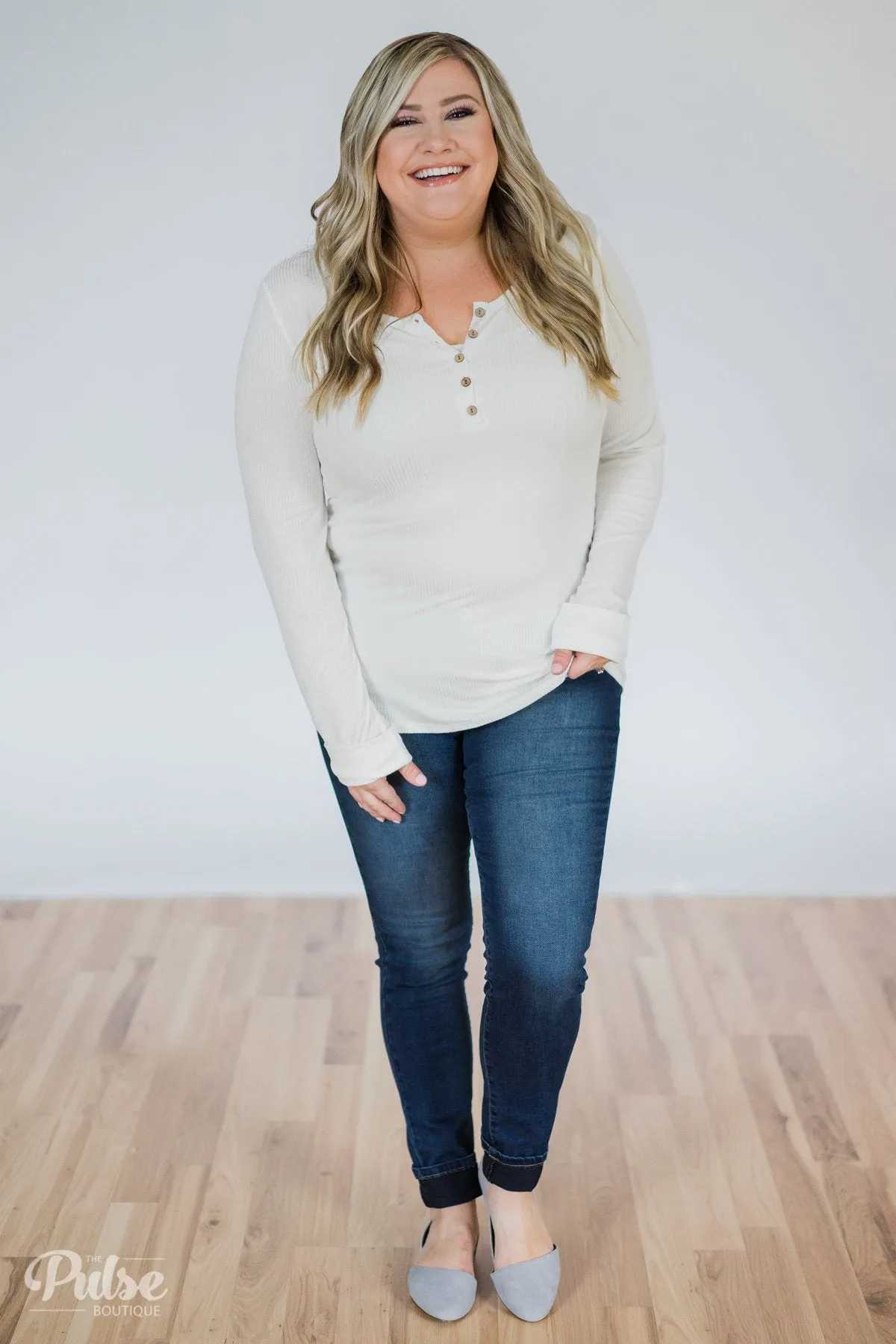 Need You Now 5-Button Henley Top- White