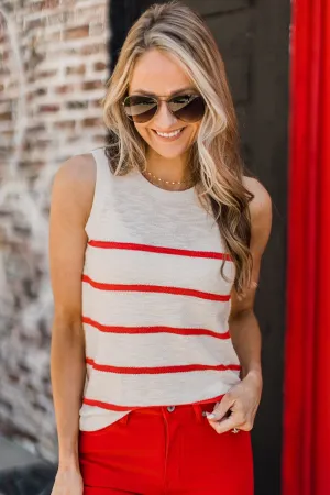 No Ordinary Day Striped Knit Tank Top- Off-White & Red