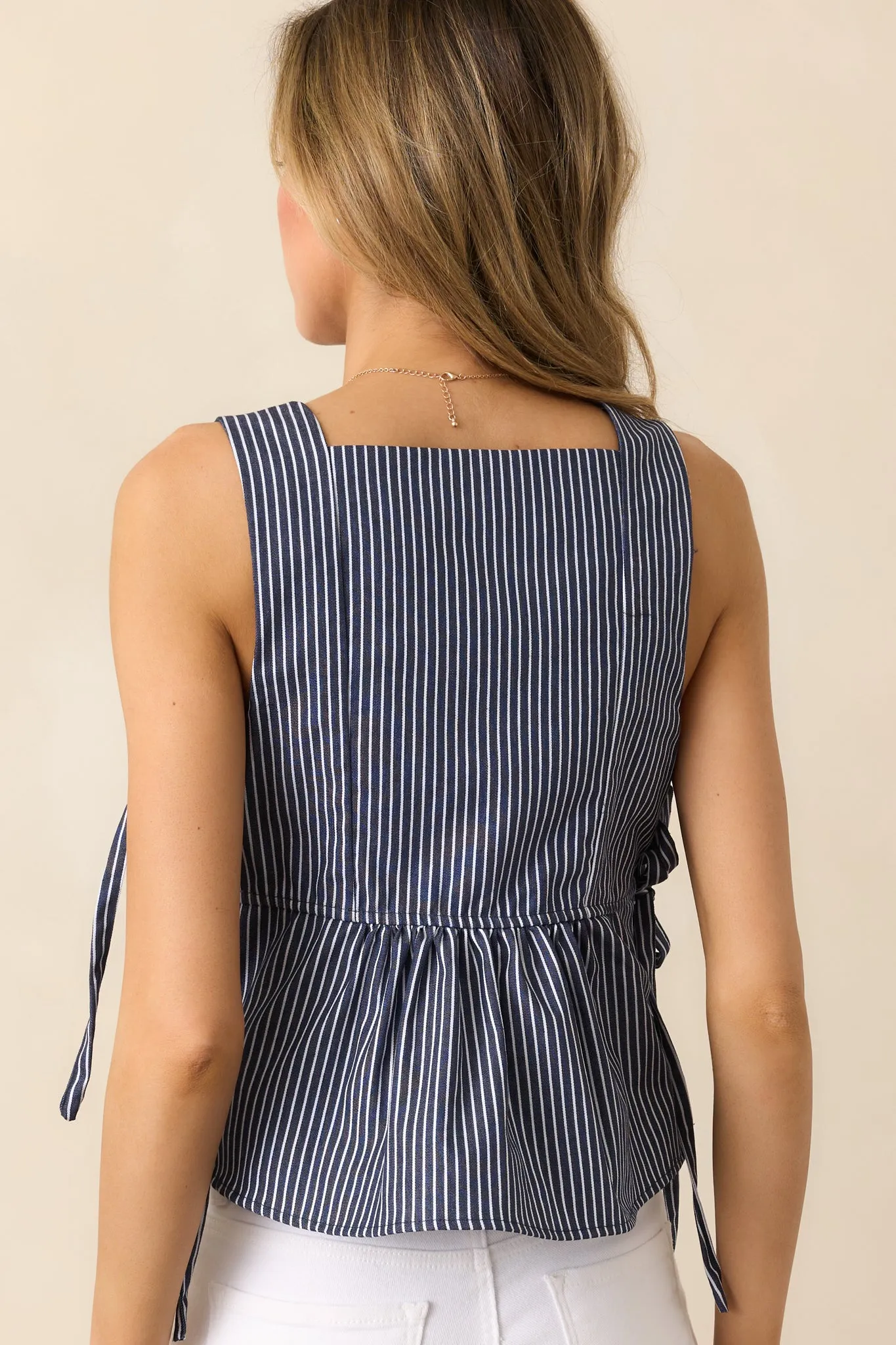 Not For Long Navy Stripe Peplum Tank Top
