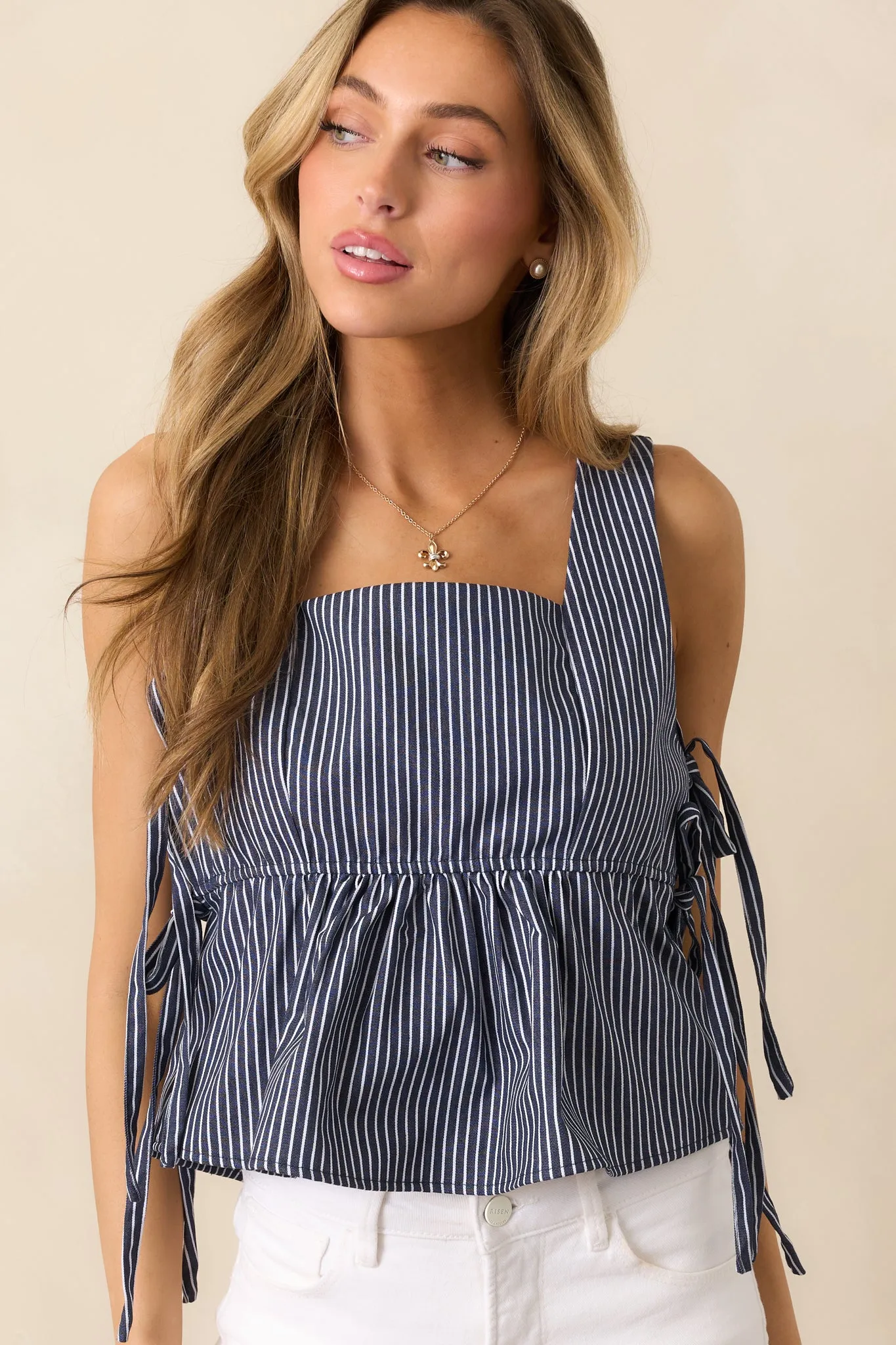 Not For Long Navy Stripe Peplum Tank Top