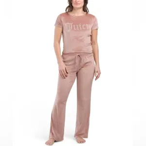 NWT JUICY COUTURE Cafe Latte Embossed Logo Short Sleeve Velvet Fleece Lounge Set