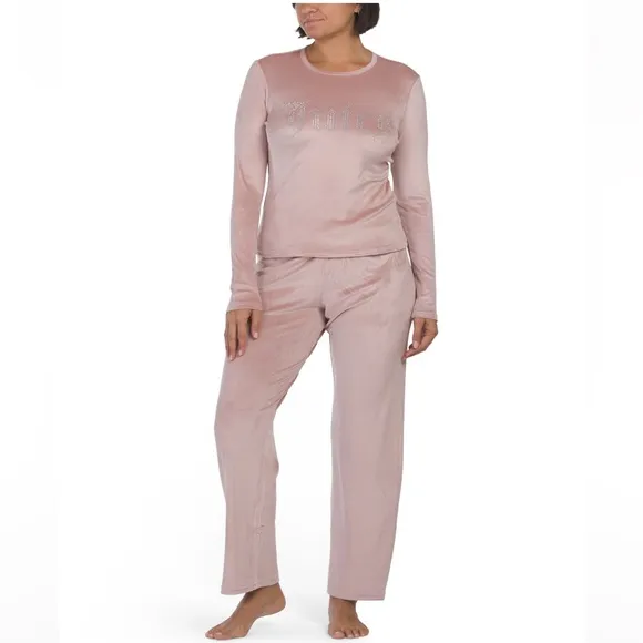 NWT JUICY COUTURE Coco Kiss 2pc Velvet Lounge Top&amp;Pants Set With Rhinestone Logo