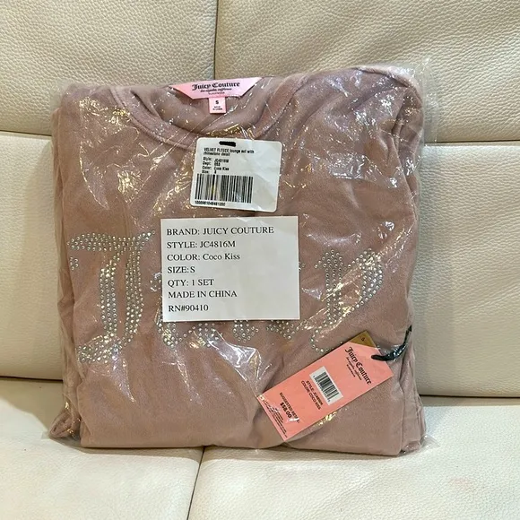 NWT JUICY COUTURE Coco Kiss 2pc Velvet Lounge Top&amp;Pants Set With Rhinestone Logo