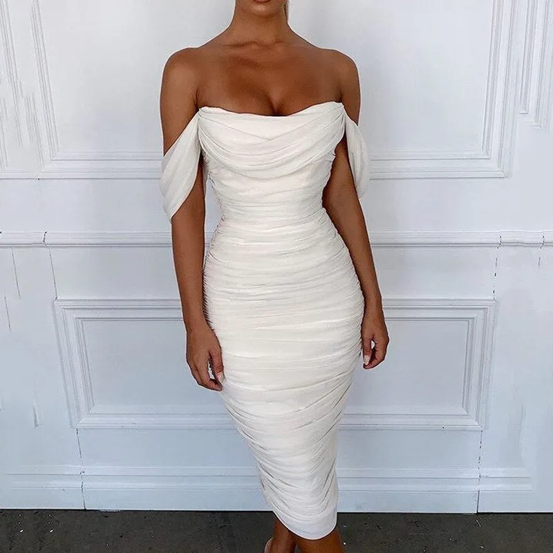 Off Shoulder Sexy Backless Mesh Ruched Dress for Women