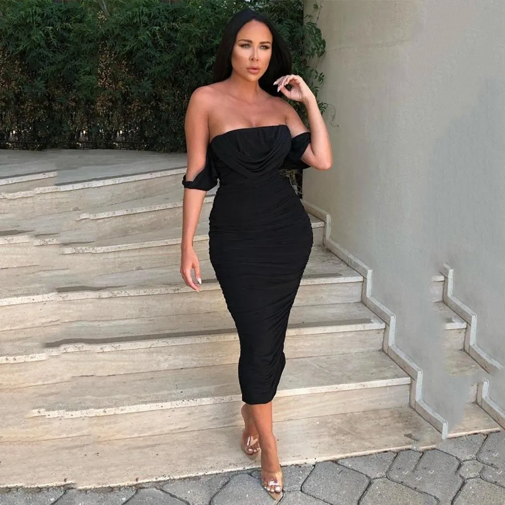 Off Shoulder Sexy Backless Mesh Ruched Dress for Women
