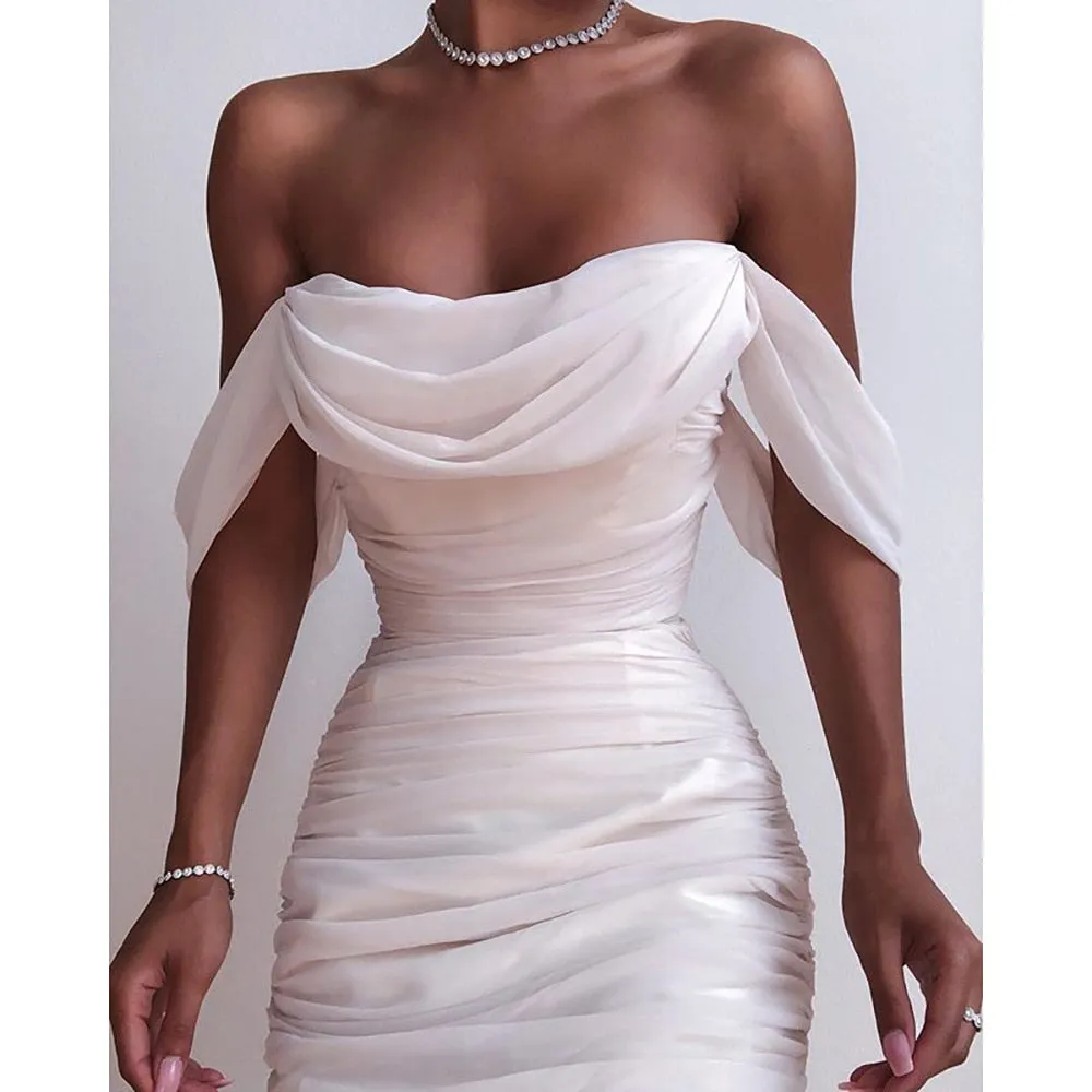 Off Shoulder Sexy Backless Mesh Ruched Dress for Women