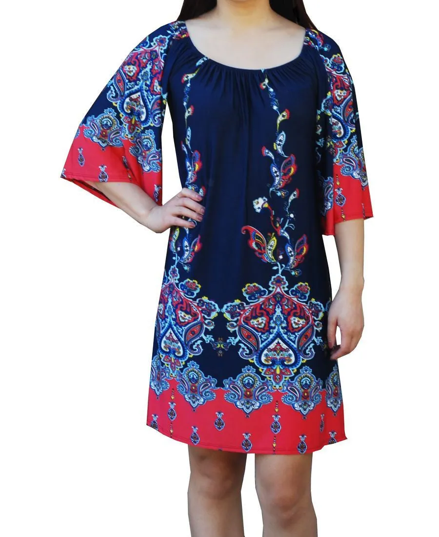 Off Shoulder Tunic Dress Navy Pink Paisley Borders