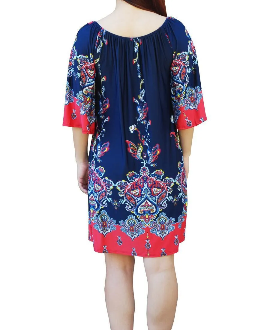 Off Shoulder Tunic Dress Navy Pink Paisley Borders