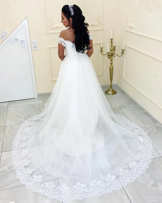 Off-the-shoulder Full Lace Bridal Dress with Tulle Train