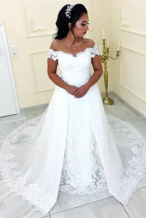 Off-the-shoulder Full Lace Bridal Dress with Tulle Train