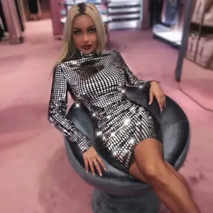Ohwera Brin Prader Wears Silver Lenses, Compact Silver High Collar Mini Party Dress