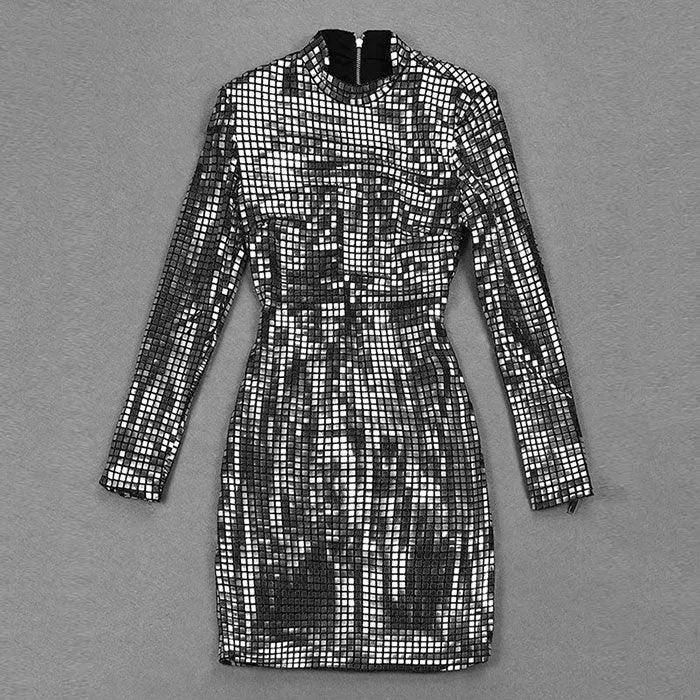 Ohwera Brin Prader Wears Silver Lenses, Compact Silver High Collar Mini Party Dress