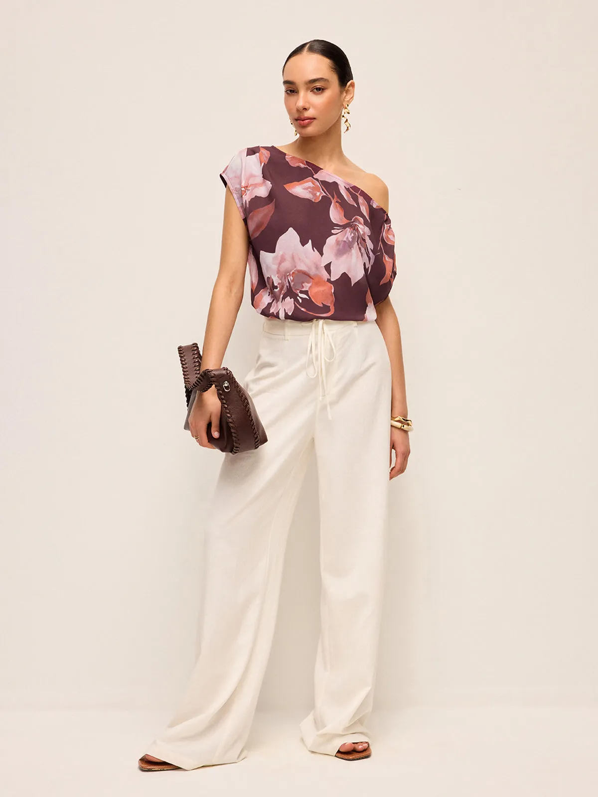 One-Shoulder Floral Belted Blouse