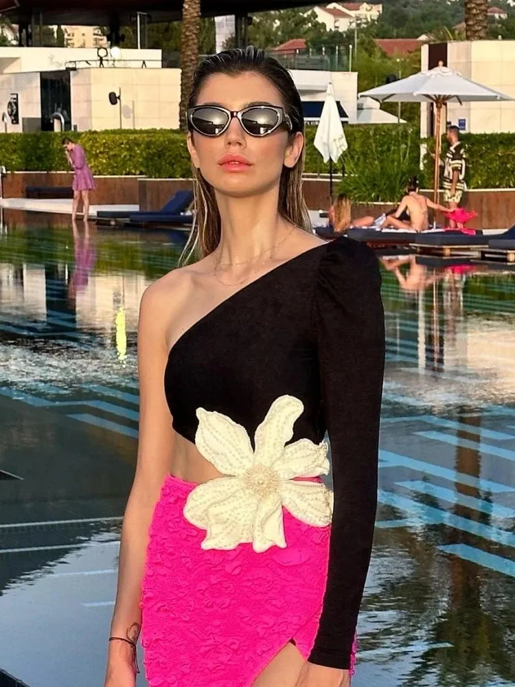 One Shoulder Hollow Out Flower Beaded Long Dress