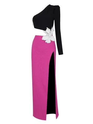 One Shoulder Hollow Out Flower Beaded Long Dress