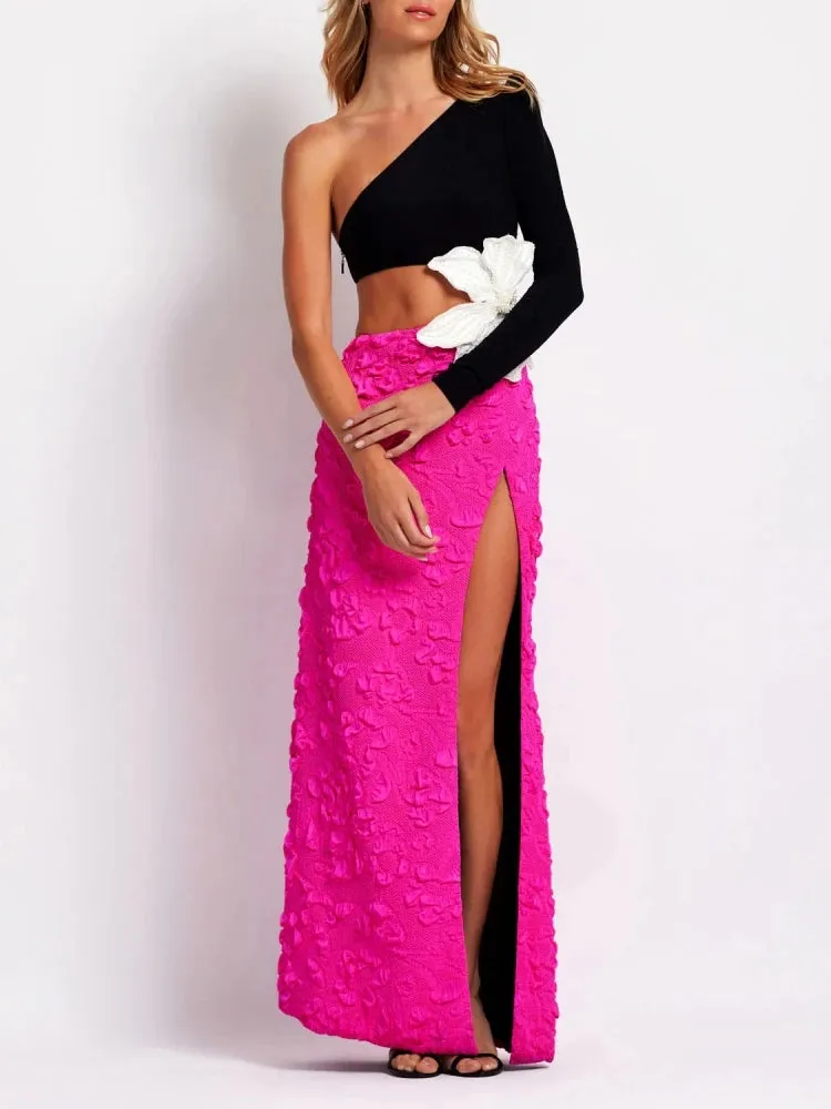One Shoulder Hollow Out Flower Beaded Long Dress