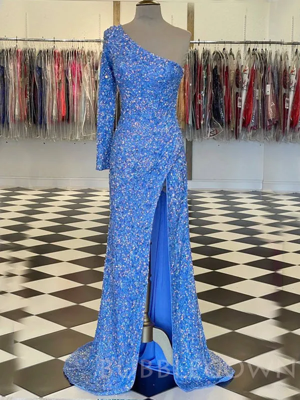 One Shoulder Long Sleeves Tiffany Blue Sequin Long Mermaid Evening Prom Dresses, Cheap Custom Prom Dresses, MR7793