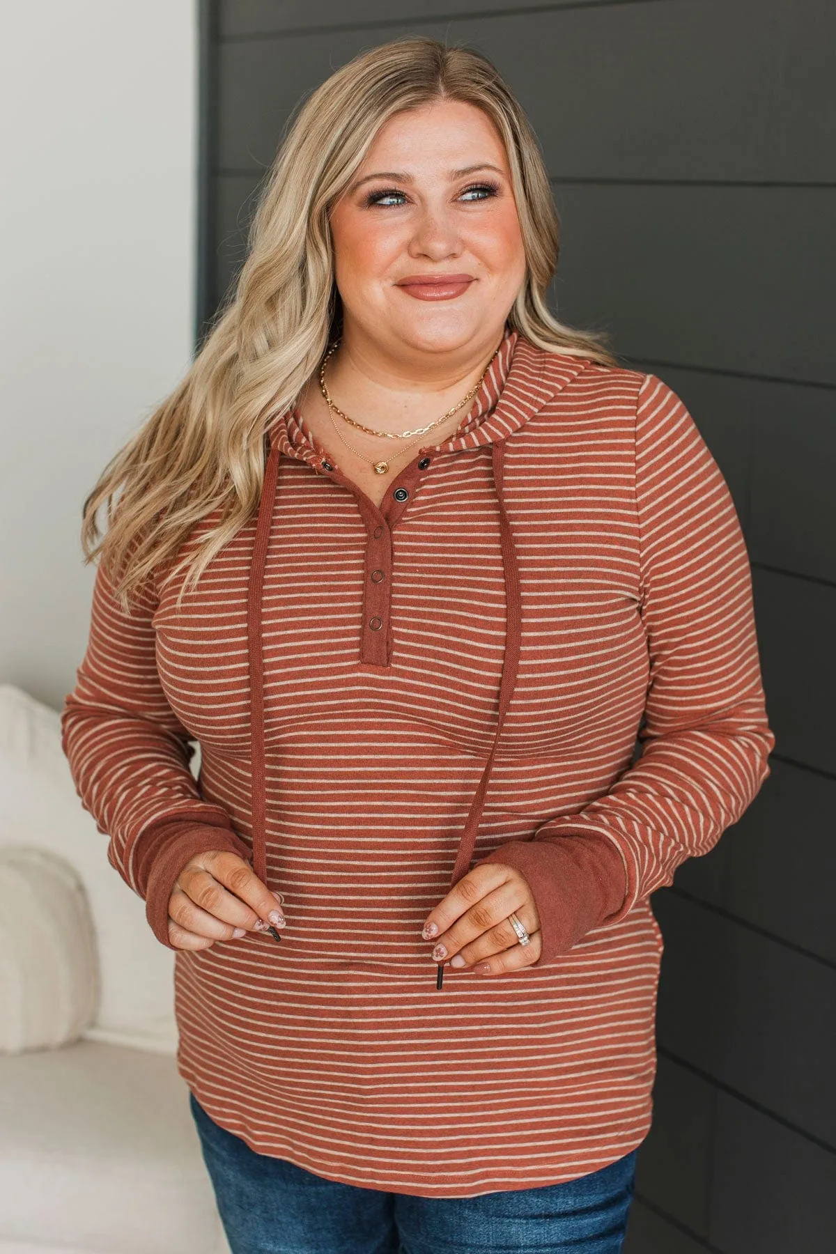 One Step Away Hooded Henley Top- Rust