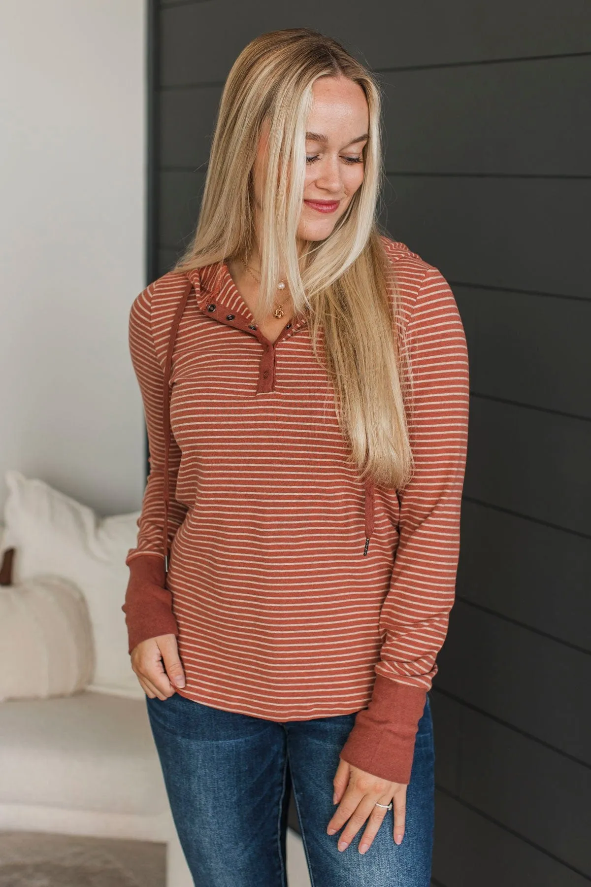One Step Away Hooded Henley Top- Rust