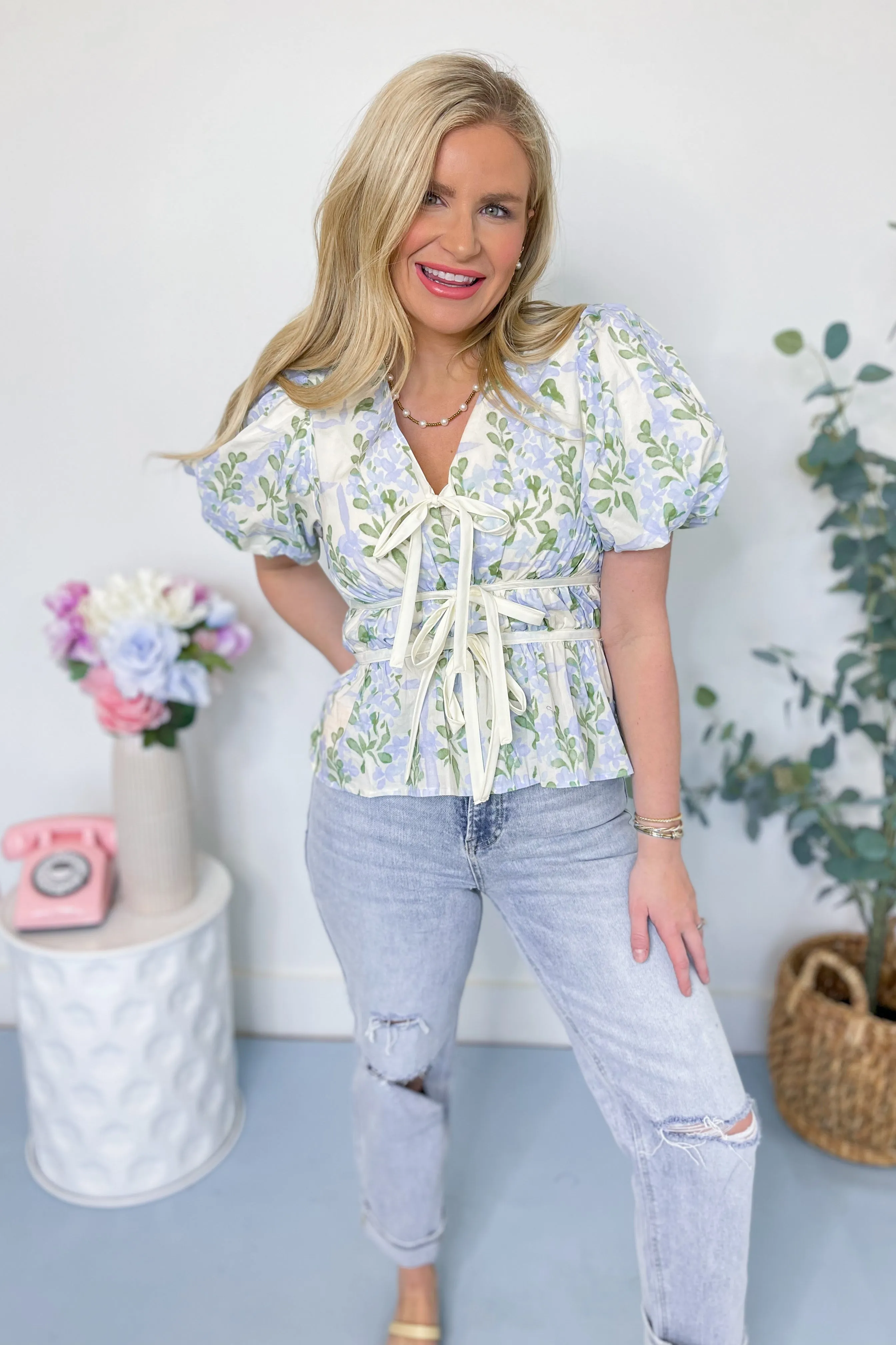 Pamela Floral Tie Front Puff Sleeve Top