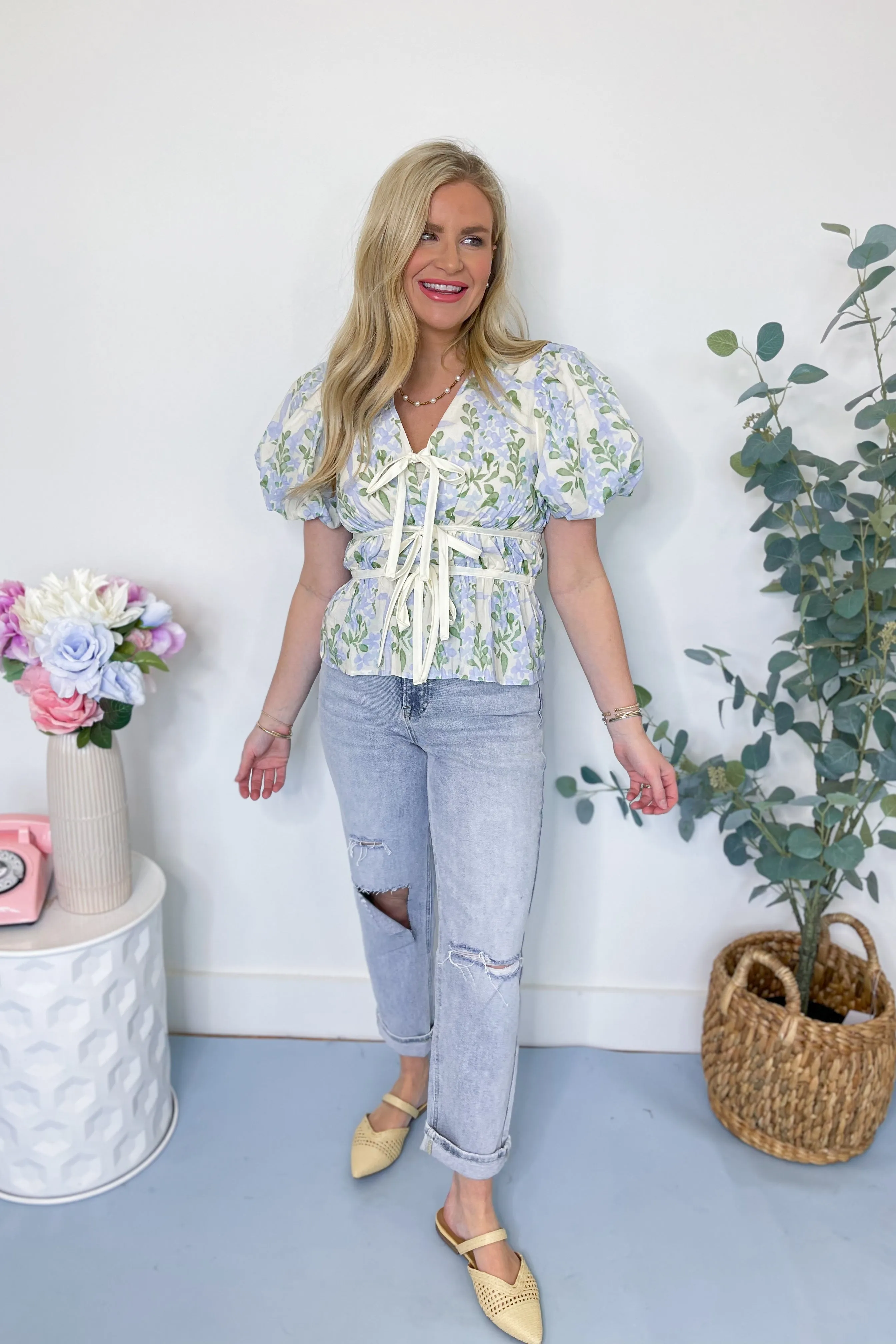 Pamela Floral Tie Front Puff Sleeve Top