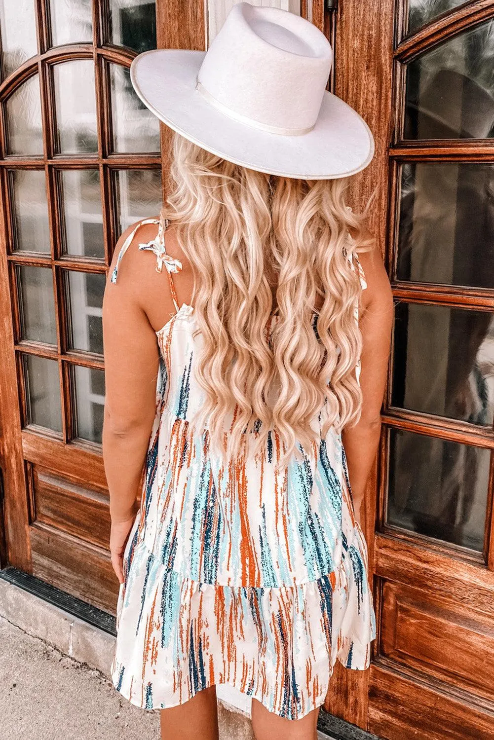 Patterned Lace-up Shift Mini Dress with Spaghetti Straps